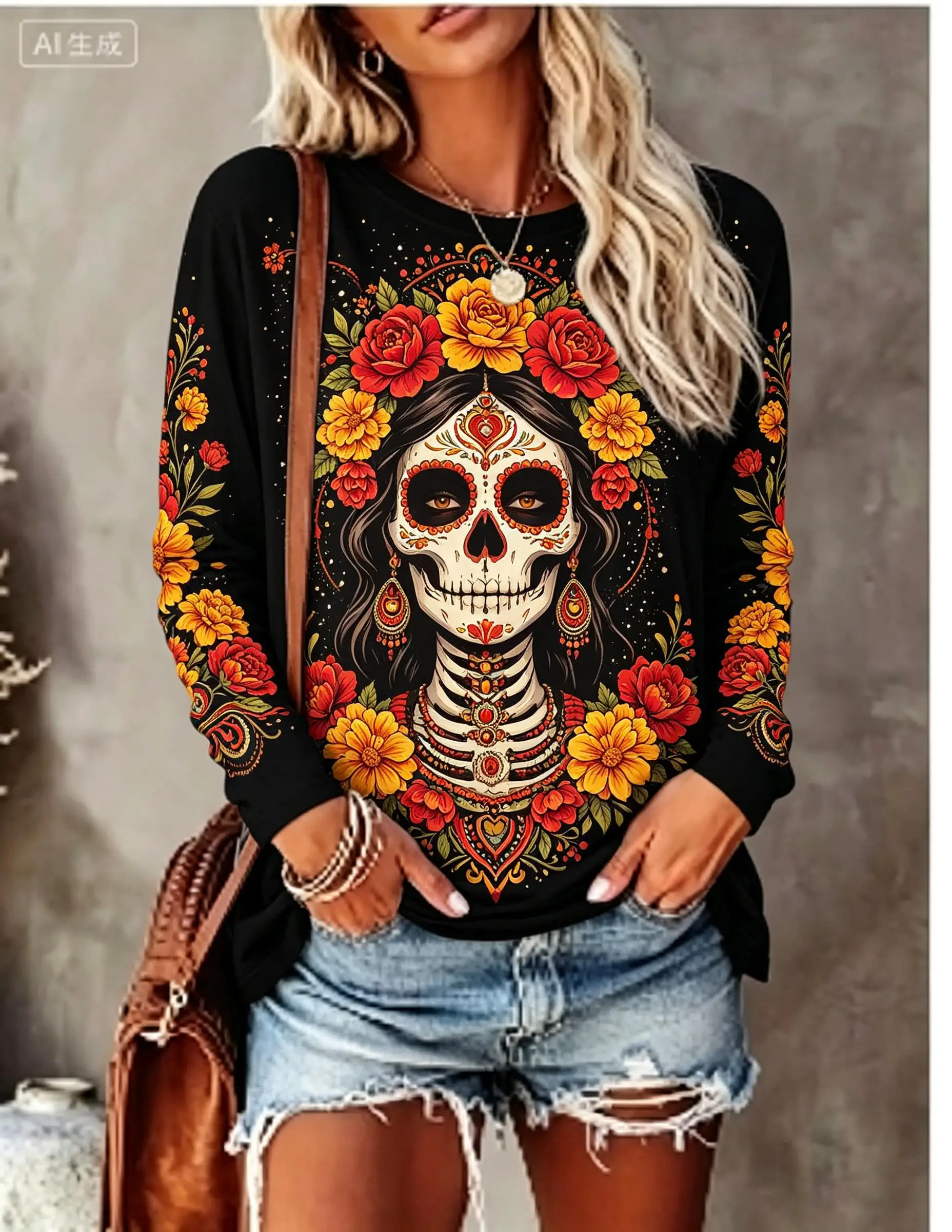 Women Halloween Long Sleeve T‑Shirt Day of the Dead Sugar Skull Rose Floral Print Crew Neck Fall Casual Tops