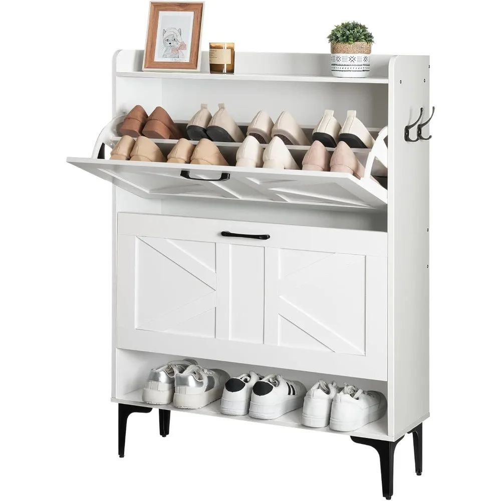 

Shoe Rack with 2 Flip Up Cabinets Open Storage Organizer for Entryway Hallway White