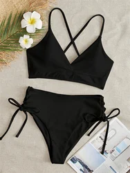 Bikini Sexy para mujer, traje de baño acanalado con cordones, conjunto de Bikini de cintura alta, ropa de playa para verano, XL, novedad de 2024