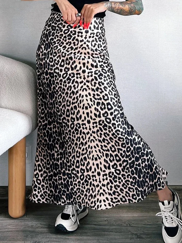 

Long Leopard Print Skirts Women Satin Summer Office Elegant Maxi Zipper Skirt Satin Silk Fashion Fishtail Skirt Women Summer