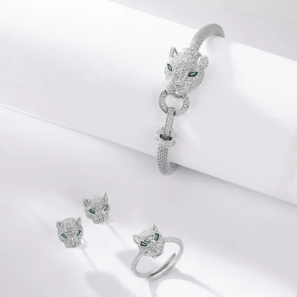 ALLNOEL 925 Sterling Silver Open Rings For Women Hollow Leopard Head Ring Animal Sparkling Cubic Zirconia Jewelry Gifts Hip Hop