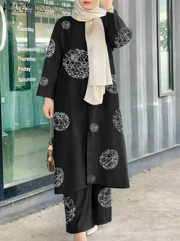 

ZANZEA Vintage Muslim Sets Women Tracksuits 2PCS Long Sleeve Blouse Trousers Suits Casual Loose Pants Sets IsIamic Outifit 2024