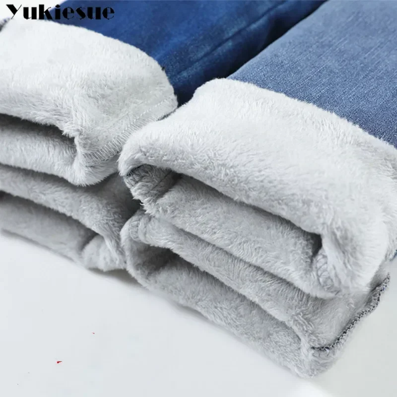 

Warm Jeans Pants For Women clothes Winter Blue Light blue Solid Skinny Fleeces Thick Pencil Pants with Velvet Denim Trousers