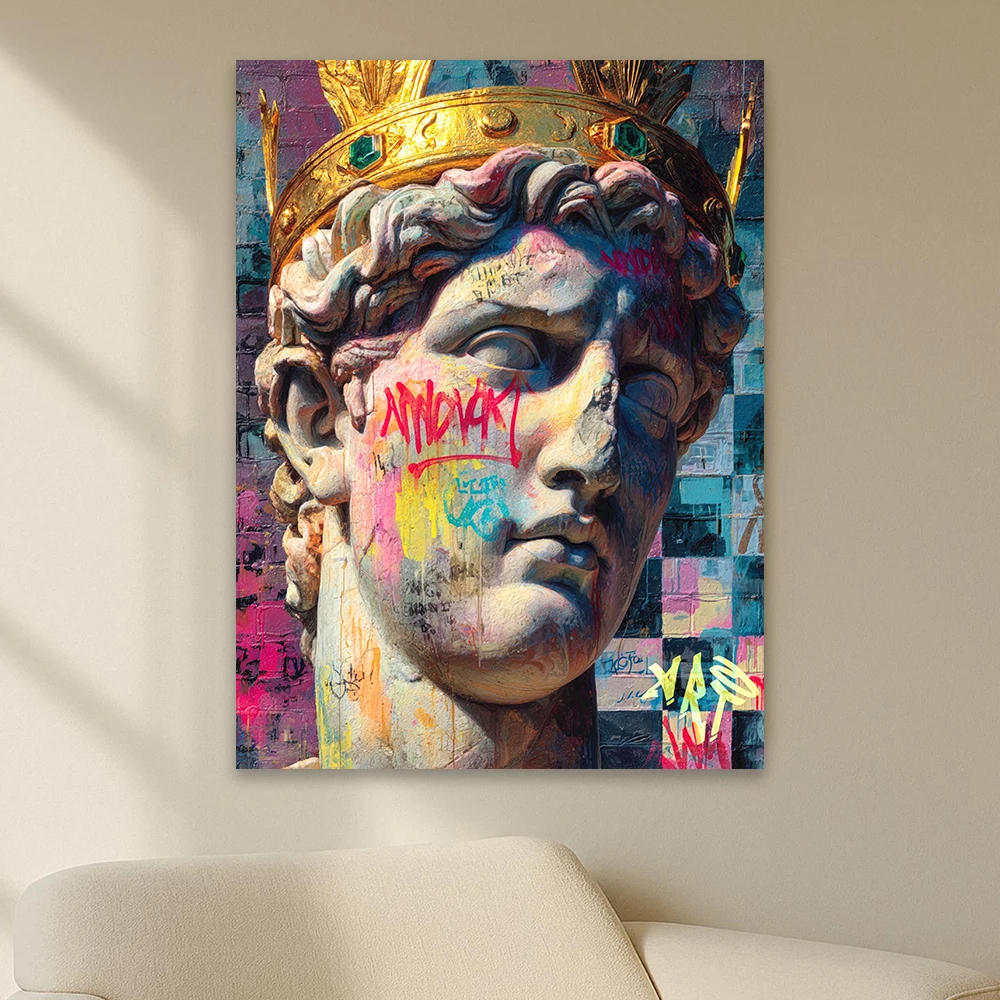 Graffiti King Wall Art Poster Statue Head with Crown Prints Pop Street Art Print Colorful Royal Decor Modern Pop Culture Decor