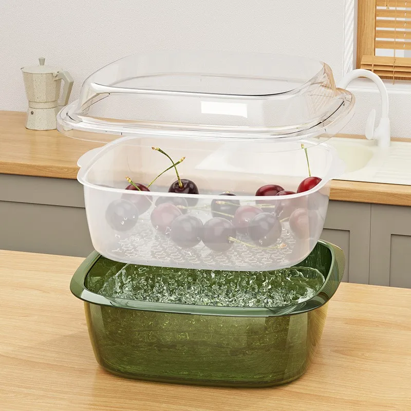 

Double Layer Drain Basket Box with Lid Multifunction Refrigerator Crisper Storage Container Vegetable Organizer