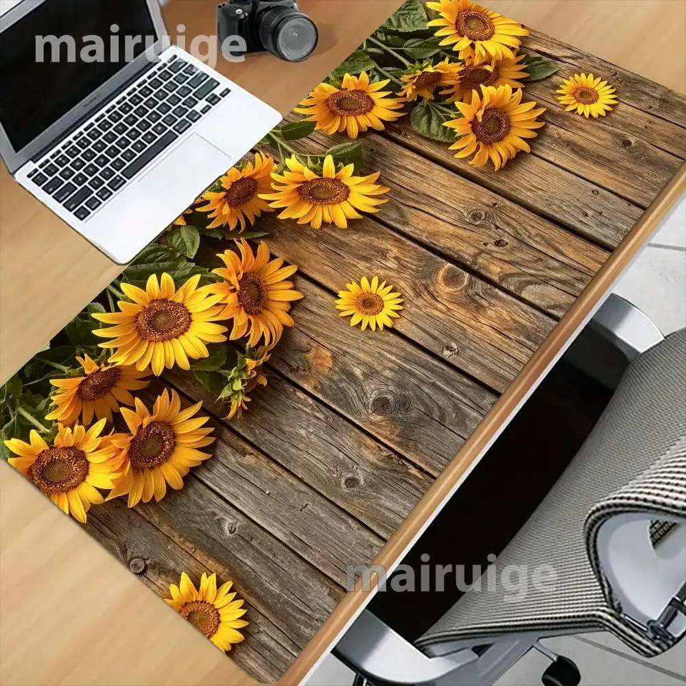 Wood Sunflower Table Mat Stitched Edges Smooth Glide Mouse Pad For Rustic Home Office Decor