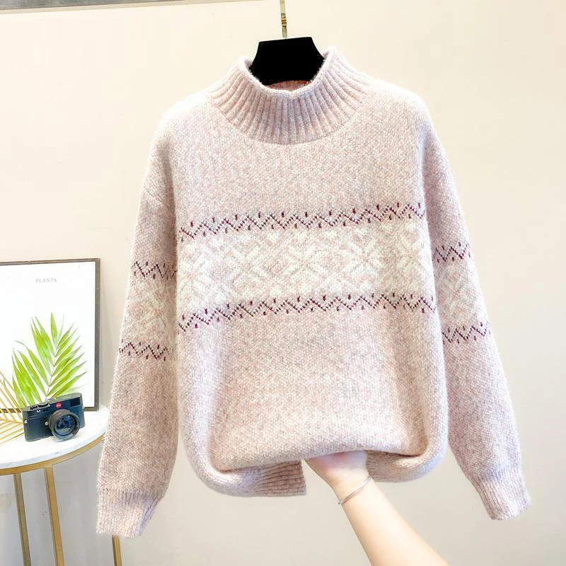 Women Trendy Simple Jacquard Half High Collar Thick Warm Knittted Sweater Female Long Sleeve Loose Pullover Tops Casual Jumpers