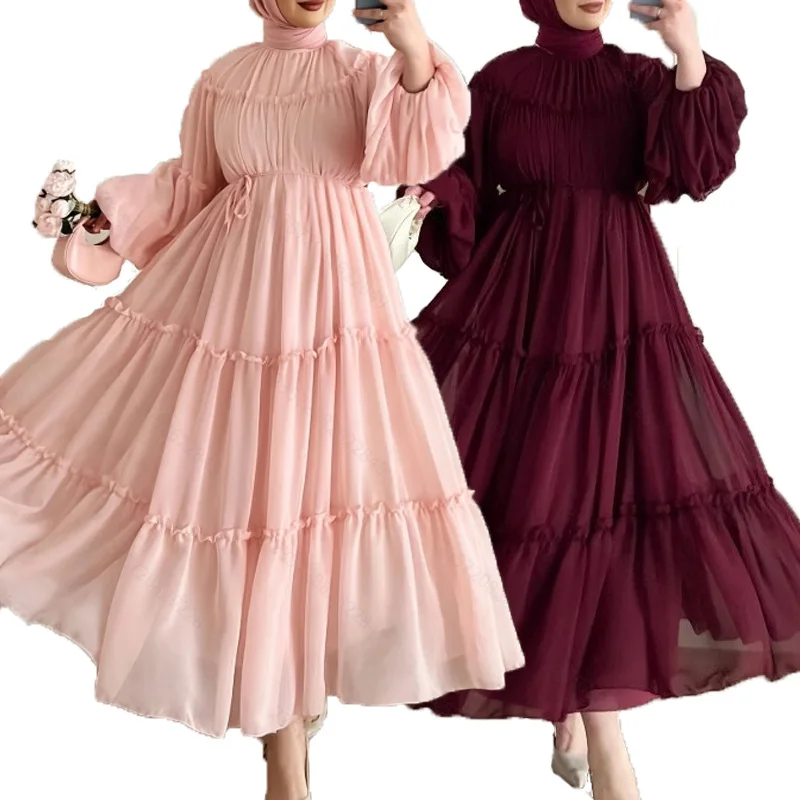 Robe musulmane du moyen-orient pour femmes, couleur unie, décontractée, tendance, élégante, ample, col rond, manches lanternes, avec ceintures, nouvelle mode 2025