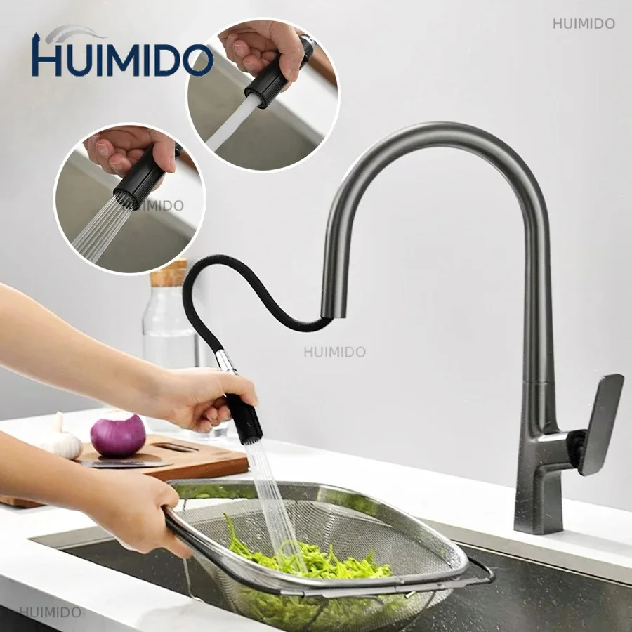 Pull Out Kitchen Sink Faucet Stream Sprayer Kitchen Gourmet Faucet Rotatable Basin Mixer Water Tap Hot Cold Crane Brass Grey