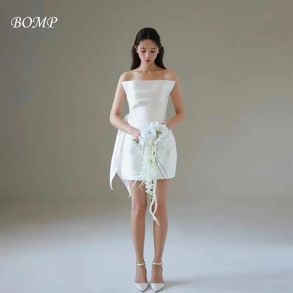 

BOMP Элегантное короткое платье для свадебной вечеринки без бретелек со складками и атласом цвета слоновой кости Корейская фотосессия Формальный случай по индивидуальному заказу웨딩드레스