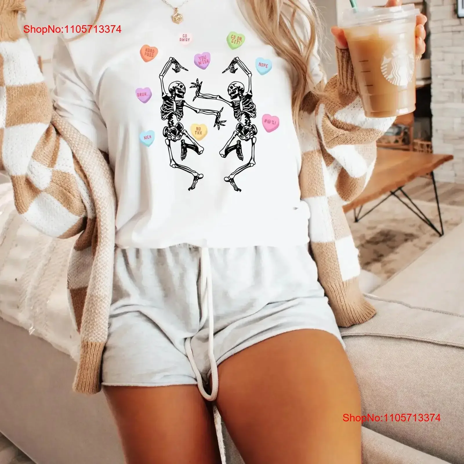 Snarky Conversation heart candy Dancing Skeletons Valentine's Day gothic T Shirt vintage Washed Stylish streetwear fashion