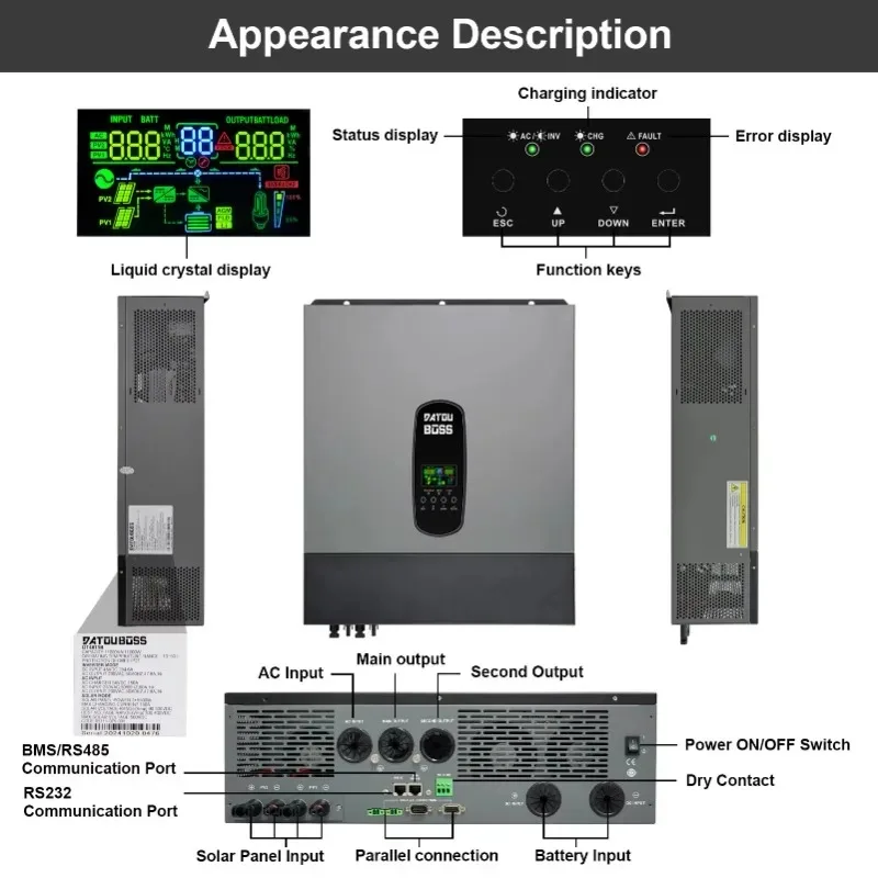11KW 48V Energy Hybrid Solar Inverter Double MPPT 500V PV Voltage Single Phase Converter 50hz 60hz 230V with Warehouse Stock