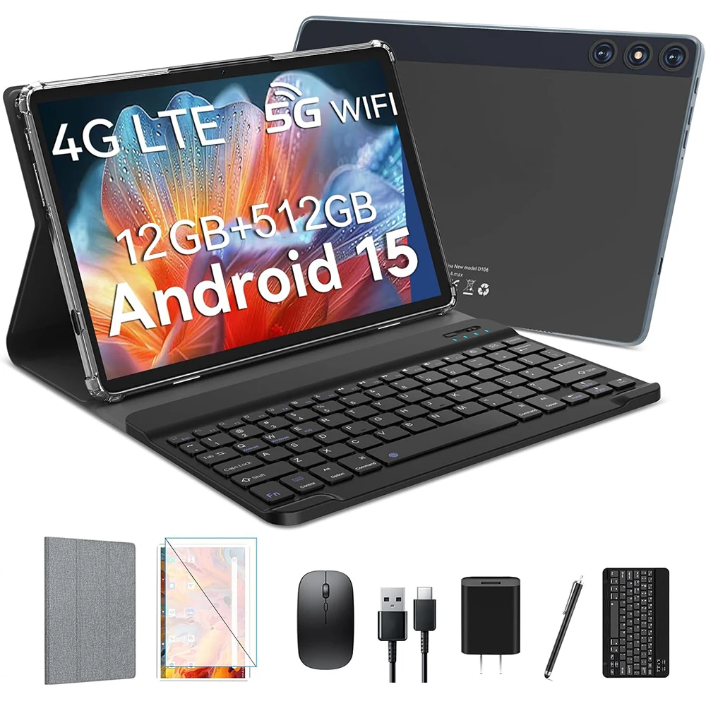 2026 New Tablet 10 Inch Android 15Tablets with Keyboard 12GB RAM 512GB ROM 7000mAh Battery 5G Wifi Bluetooth HD IPS Display