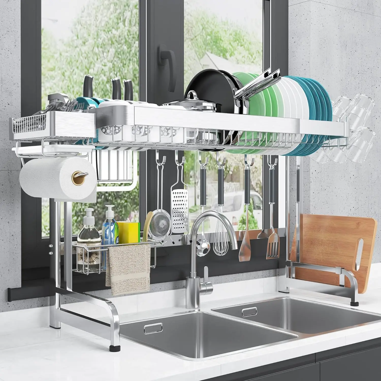 Over The Sink Dish Drying Rack, 2 Tier Over Sink Dish Drying Rack Width Adjustable(25.6-37.6in), Durable Stainless Steel Dish Ra