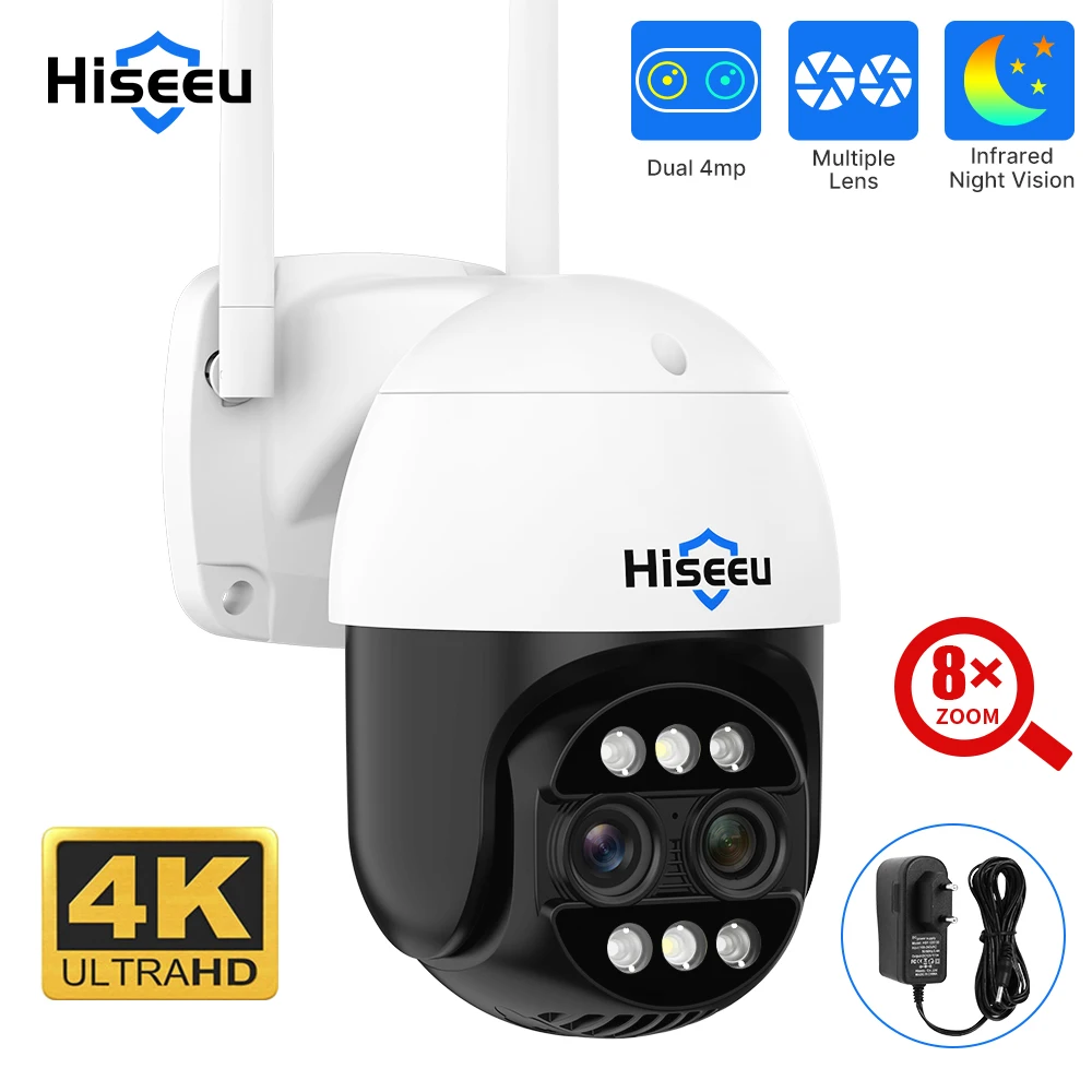 Hiseeu 4K 8MP Wifi PTZ Dual Lens Camera Two-Way Voice AI Tracking Video Wireless IP Surveillance Security Cameras