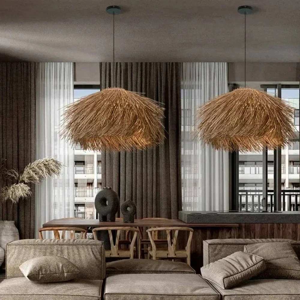 Rattan Hand Woven Pendant Lights for Ceiling Shop Bar Grass Japan Hanging Lamp Living Room Chandelier Loft Room Decor Lustre LED