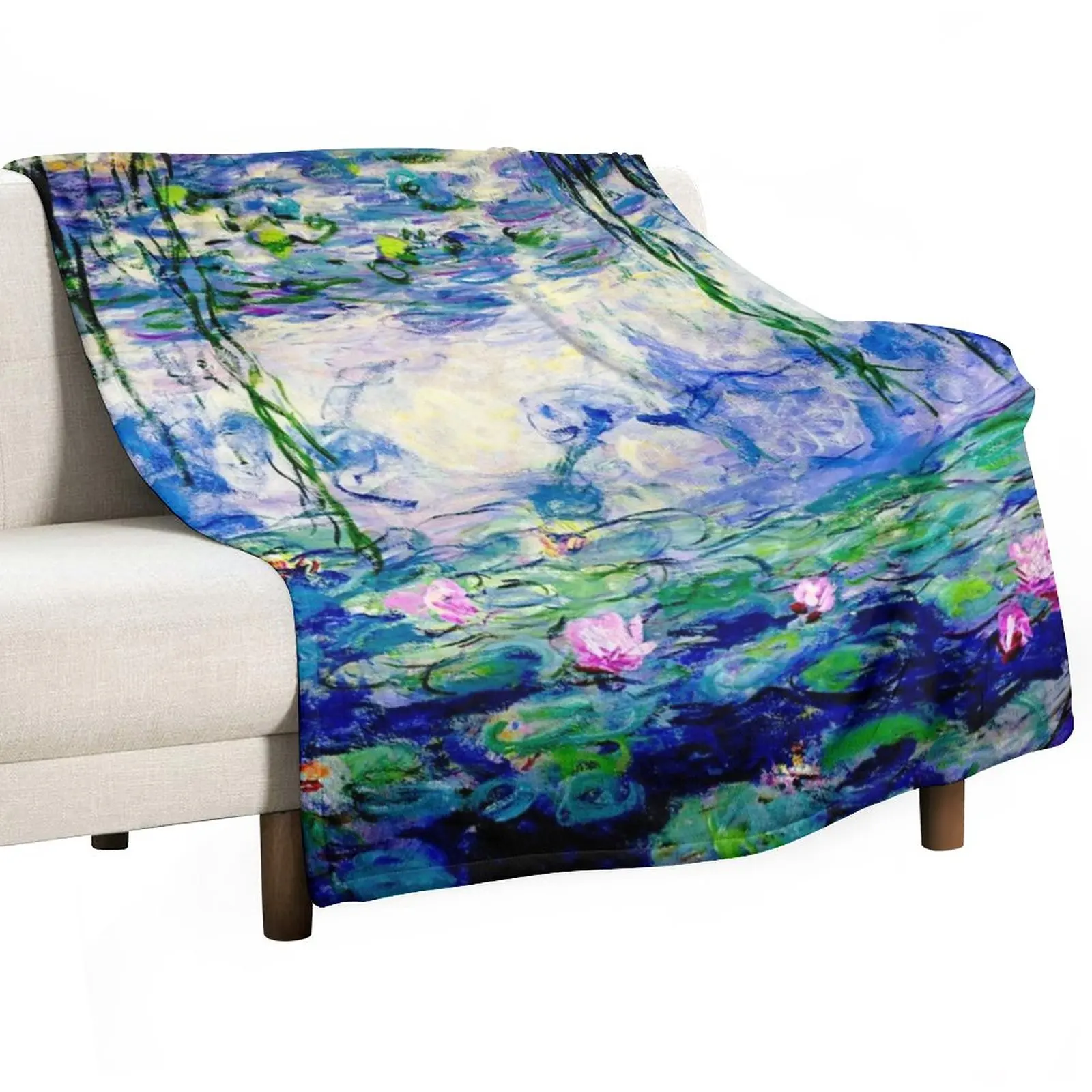 Claude Monet Water Lilies Landscape of Water and Reflection Throw Blanket Designers Hairy Blankets