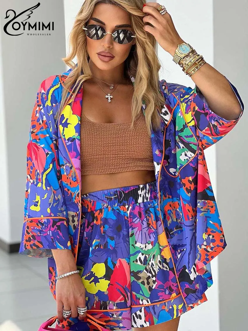 Oymimi Casual Purple Print Women 2 Piece Set Outfit Elegant Lapel Three Quarter Sleeve Button Shirts And High Waist Shorts Sets