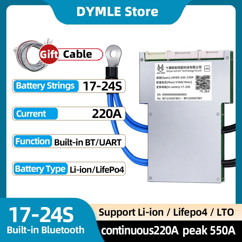 

Lithium Battery Protection Board ANT BMS Bluetooth APP 17-24S Li-ion Lifepo4 Lto Battery 48V 60V 72V Continuous 220A peak 550A