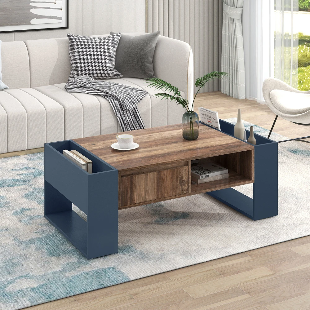 PINGGO Holz-Couchtisch Anthrazit Grifflose Schublade Doppelseitiges Staubdichtes Fach Großer Stauraum für Wohnzimmer – Detail 6