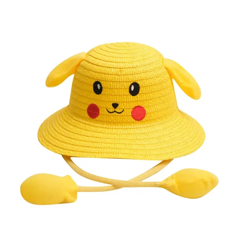 Pokemon Pikachu 2021 New Head Circumference 52-54cm Children\'s Hat Ears Will Move Rabbit Hat Boys and Girls Straw Stands Sun Hat