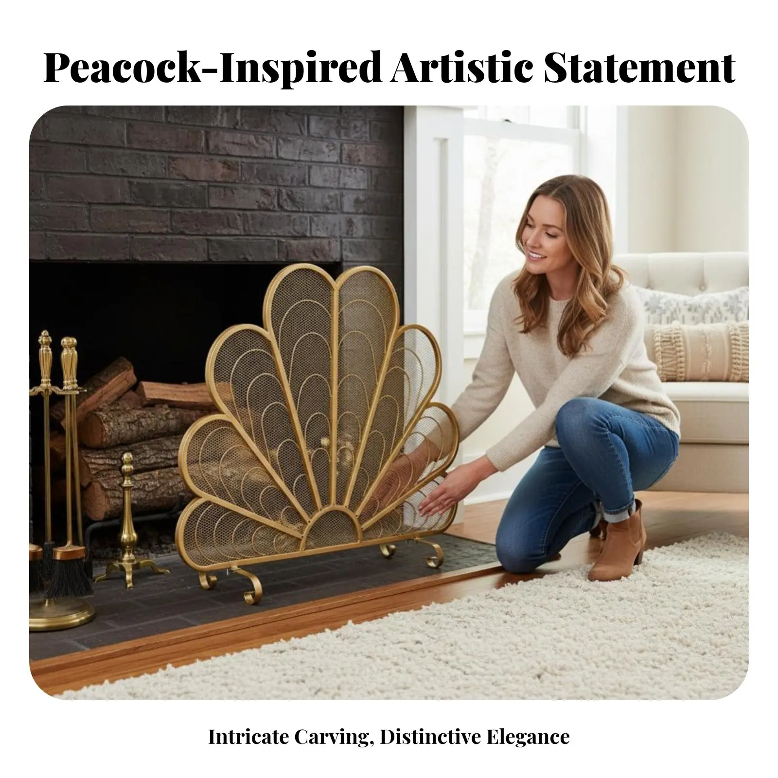 Peacock Feather Fireplace Screen Hollowed-Etched Mesh Peacock Tail Fireplace Guard Freestanding Ornate Scrollwork Feet
