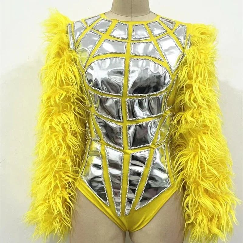 

Bright Yellow Pink Mirrors Costume Feather Sleeves Pole Dance Bodysuit Women Party Rave Outfit Bar Dj Ds Stage Gogo Wear