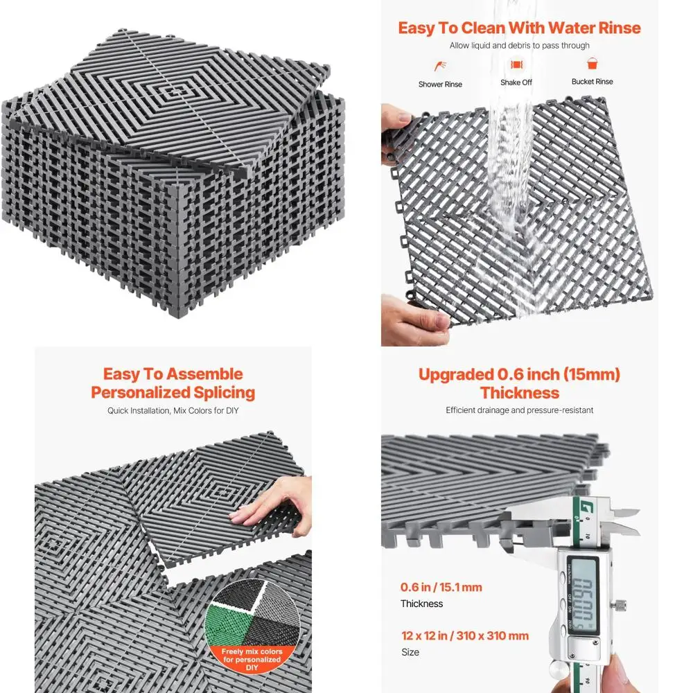 سجادات تصريف متشابكة معيارية، 12 × 12 سجادًا من مادة البولي بروبيلين الرمادية غير قابلة للانزلاق، 12 قطعة للربط، وسادة تصريف متينة #1