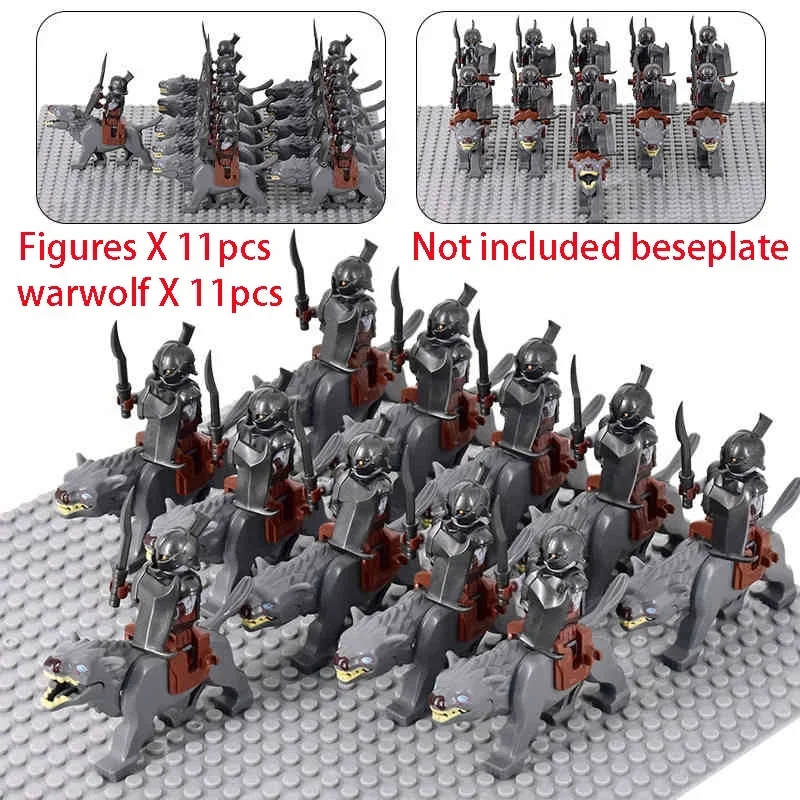 MOC Uruk-hai Orc Army Group Orcus Figures with Grey Wolf Mount Model Building Blocks LOTR Bricks Medieval Toys for Children gift