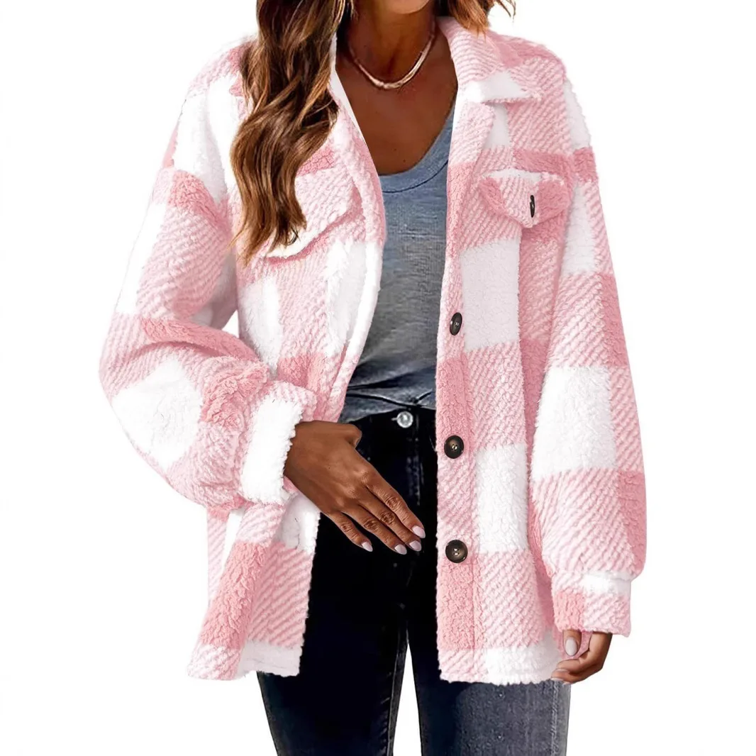 

Autumn And Winter Open Collar Plush Coat With Grid Pattern Button Jacket For Warmth