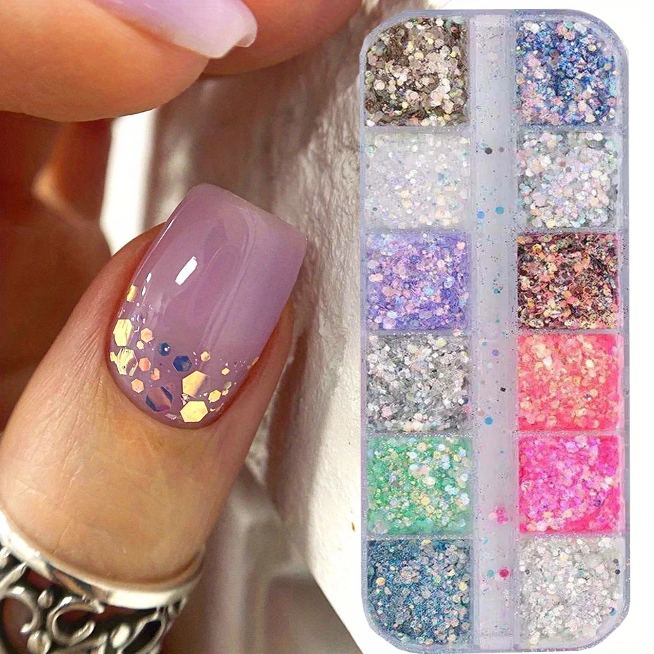 Conjunto de lantejoulas com glitter para arte em unhas, 12 cores, tamanhos mistos, flocos iridescentes para unhas acrílicas, pó de glitter gradiente, decorações de unhas *