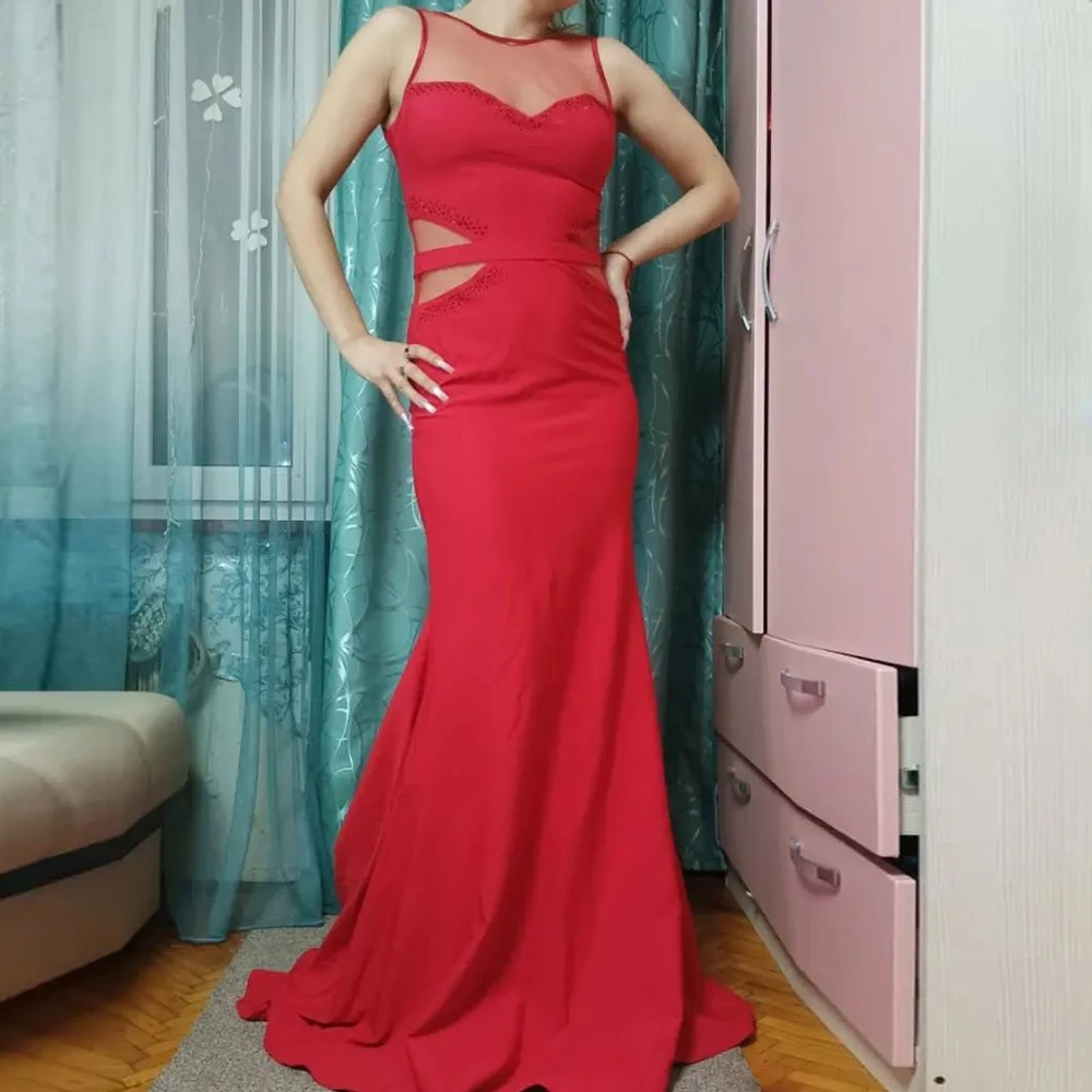 

Red Sweep Train Straight Floor Length O-neck Jersey Sleeveless Evening Dress Formal Pleats Crystal Saudi Arabia Prom Gowns