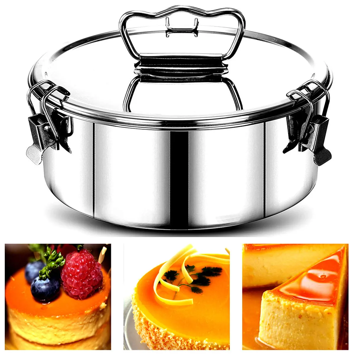 1.5QT Stainless Steel Flan Mold Cake Baking Pan with Steamer Rack and Silicone Mat for Chocolate Cake Pudding Kitchen Accessorie