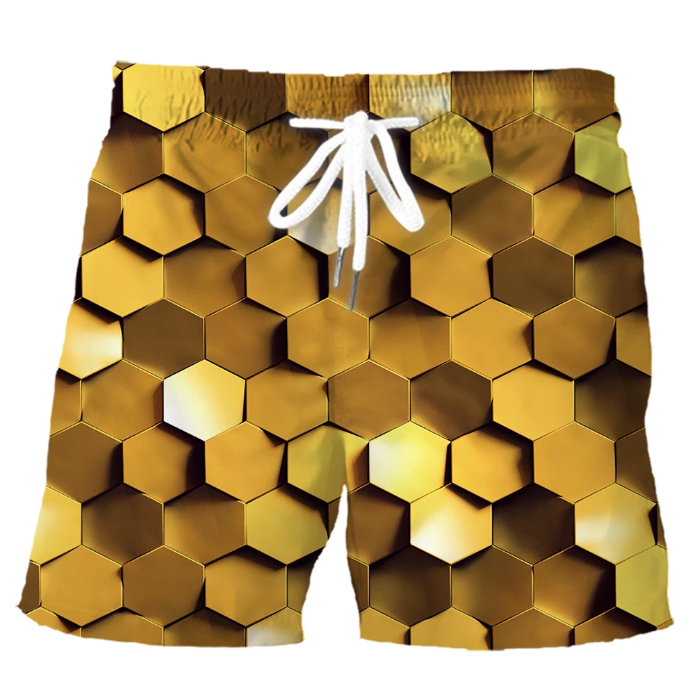 HX Fashion Mens Shorts Square Splicing 3D Printed Sports Wear Summer Casual Pockets Polyester Board Pants Men Clothing