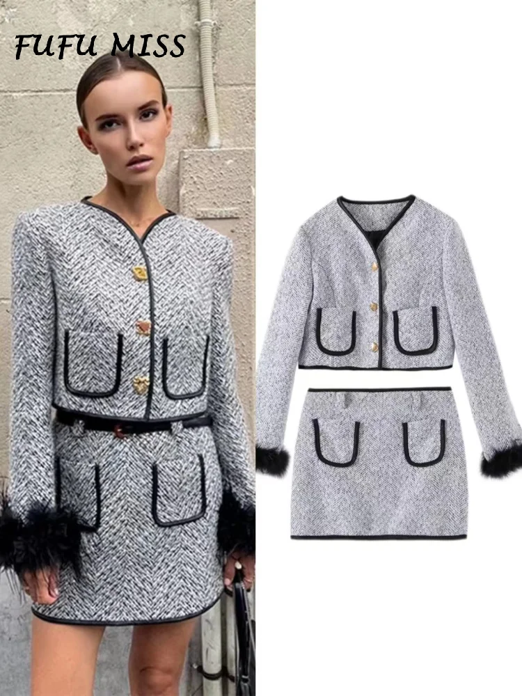 

Женский элегантный костюм с жакетом и юбкой, однобортная куртка с V-образным вырезом и карманами и юбка, осень 2024