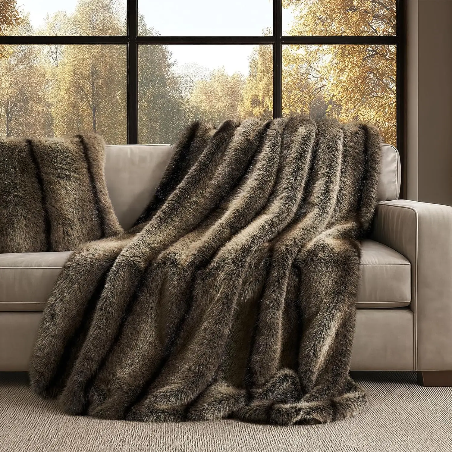 

Luxury Faux Fur Throw Blanket, Soft Fluffy for Bed Couch Sofa, Warm Reversible Velvet Ombre Brown 60x80 Inches