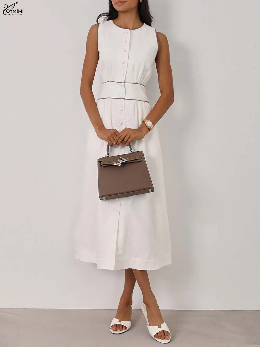 

Oymimi Elegant White Cotton Women's Dress Casual O-Neck Sleeveless Single Breasted Dresses Summer High Waisted Mid-Calf Dresses