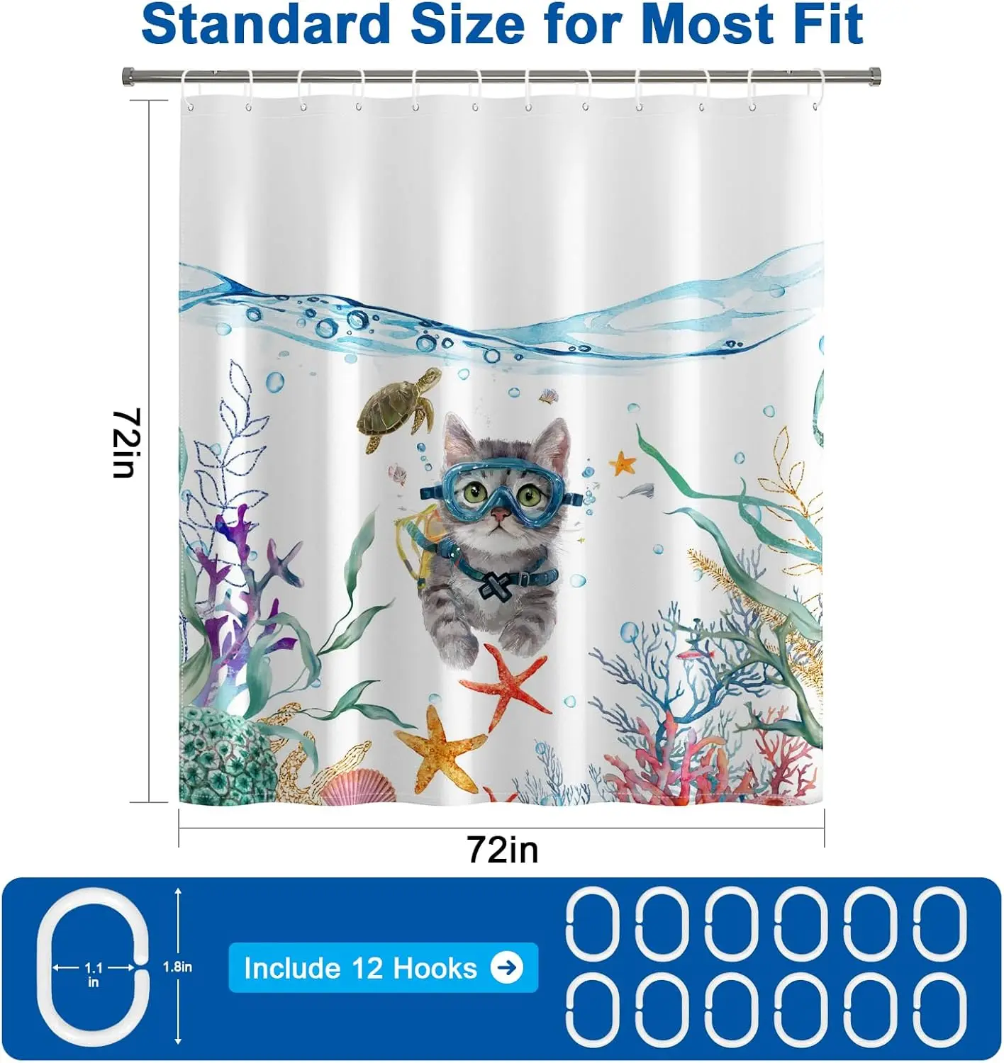 Cartoon Scuba Cat Underwater Shower Curtain, Colorful Coral and Starfish, Waterproof Fabric Bath Curtain for Kids Bathroom Decor