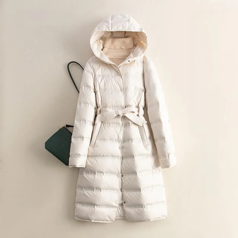 

White Du down Puffer Jaet Women's Korean Sle Belted Waist Slimming Mid-Length Hooded Coat Faionable Winter Coat