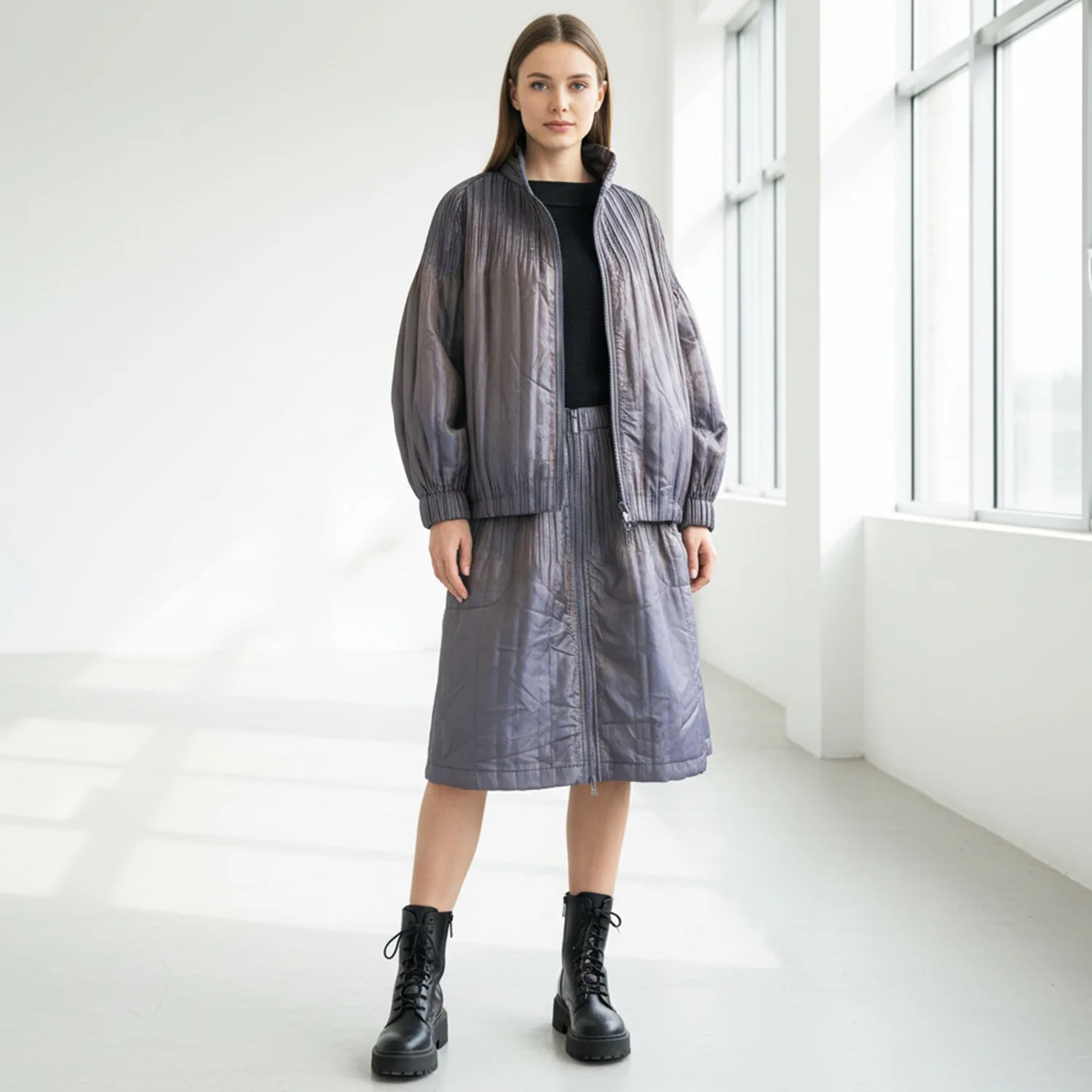 

Miyake Folds 2026 Fall and Winter New Cotton Jacket Warm Suit Fashion Cotton Jacket Temperament Half-body Skirt Two-piece Set