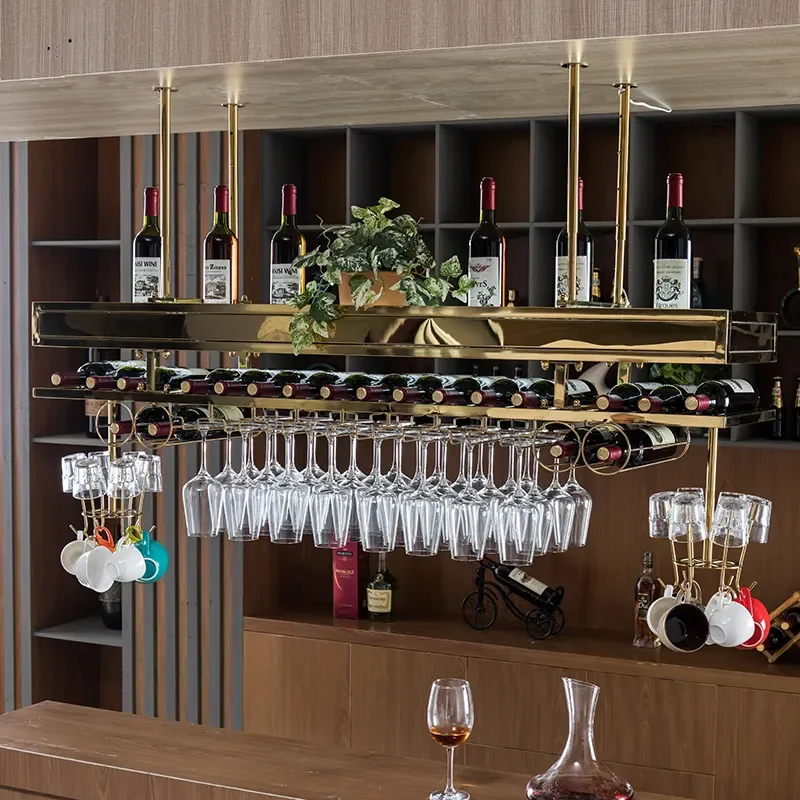 Ceiling Metal Wine Rack Stainless Steel Gold/Black/Grey Glass Storage Hanging Rack Suitable for Home Use or Commercial Cusizati