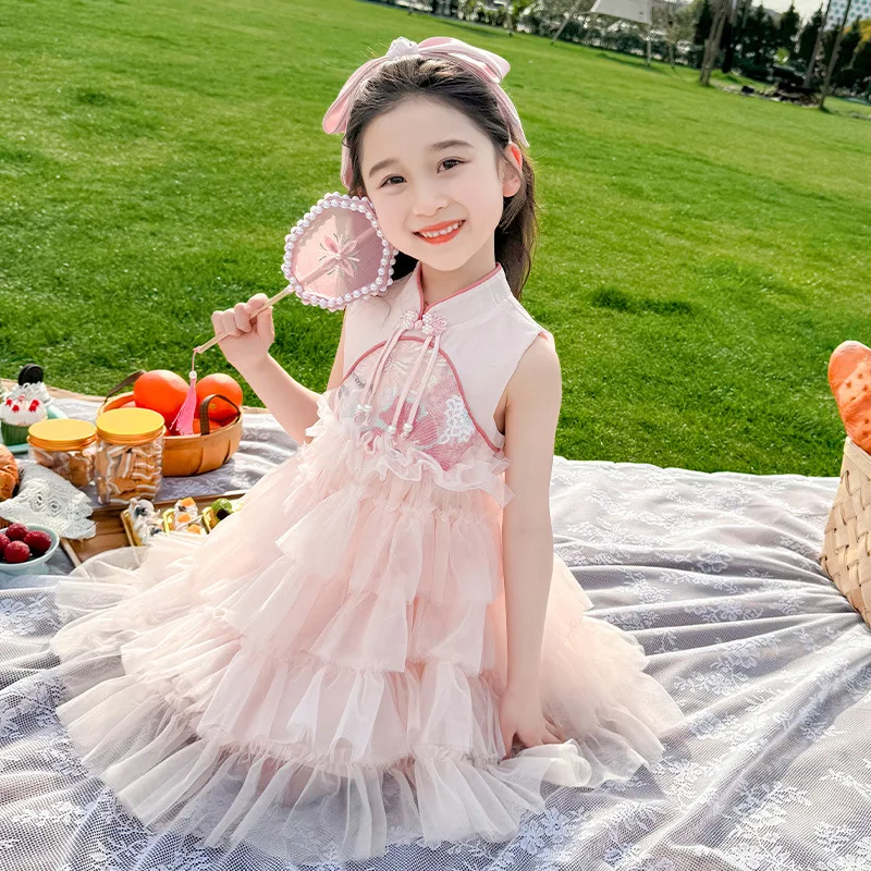 Chinese Style Sleeveless Cake Summer Little Girl's Sweet Princess Fluffy Gauze Dress, Vest Skirt