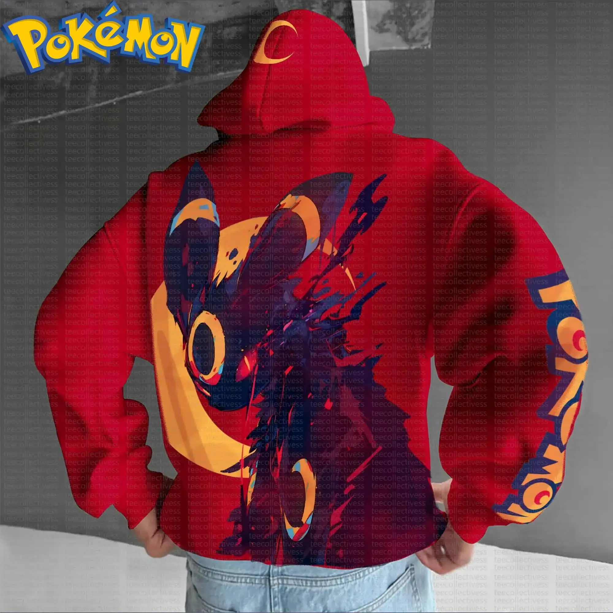 Pokemon Anime Gengar Cotton Hoodie Red Color Character Print with Multicolor Dynamic Ghost Pattern and Sleeve Design Casual
