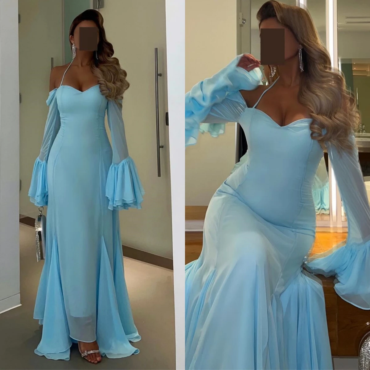 カスタマイズされたシンプルなブルーシフォンイブニングドレス気質セレブドレスオフショルダーストラップレス特別な日のドレス