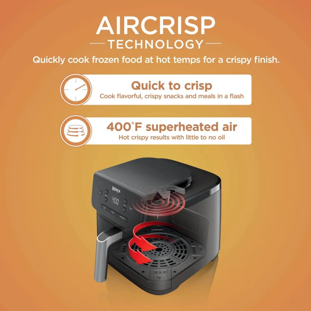 5.5QT AIR FRY,up to 400F of heat,with a nonstick basket and crisper plate,LARGE CAPACITY,3-in-1 FUNCTIONALITY