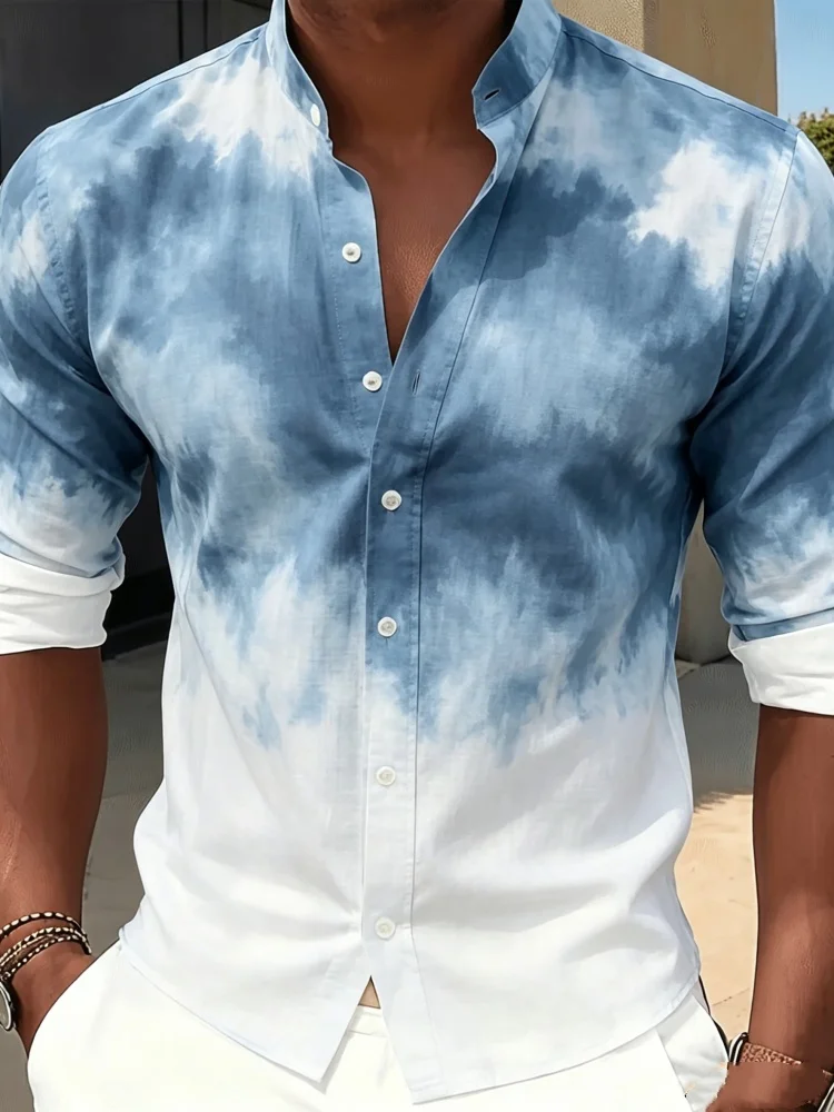 

Mens Stylish Slim Fit Shirt Blue White Gradient Pattern Long Sleeve Plus Size Elegant Casual Resort Wear