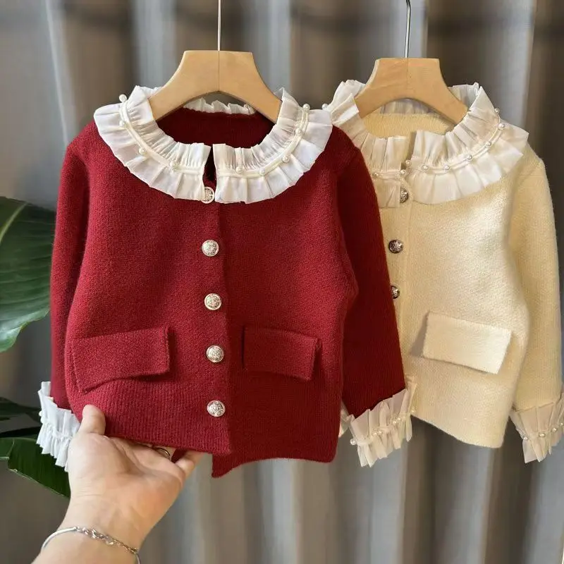 

Girls' French Seamed Lace Sweater Spring and Autumn New Children's Baby Thick Warm Knitted Sweater Top 100-160CM
