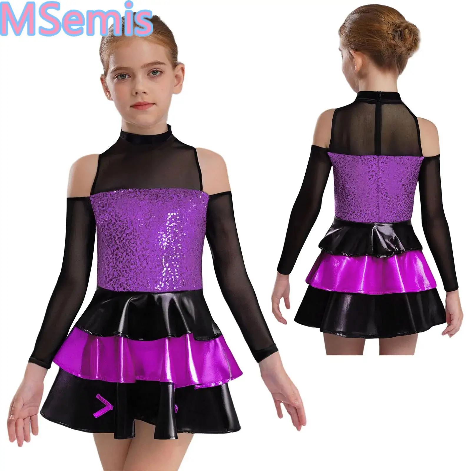 

Kids Girls Jazz Dance Dress Performance Costume Mock Neck Long Sleeve Cold Shoulder Shiny Sequins Tiered Ruffled Dance Wear