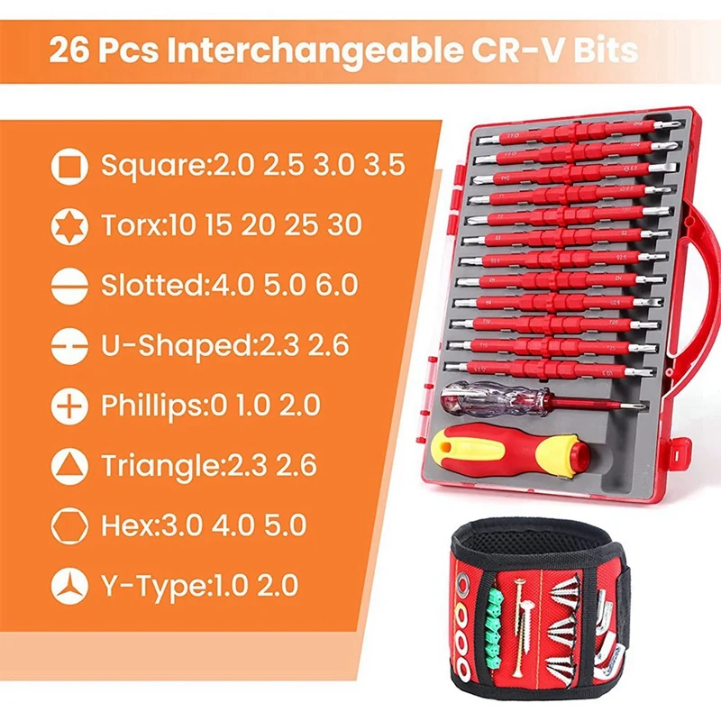 1Set Insulated Electrician Screwdriver Set With Magnetic Wristband Tools 1000V Red Metal For Men PH Slotted Torx Hex Square Bits