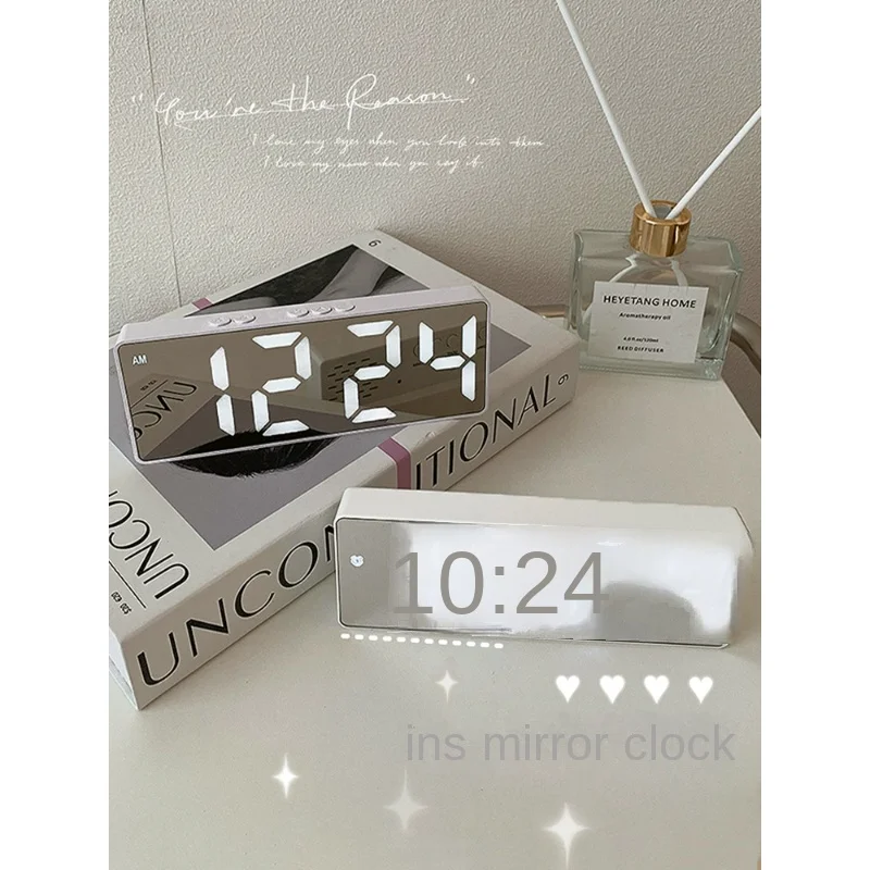 Mirror alarm clock swing table ornament simple clock time display for students with desktop digital electronic clock